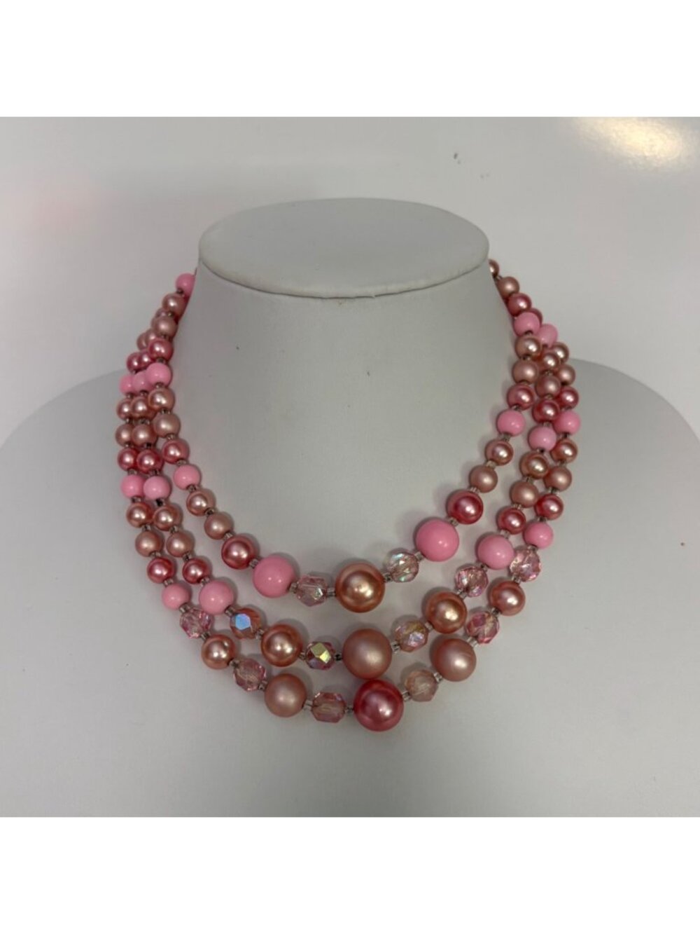 Pink Three-Strand Faux Pearls Faceted Beads Necklace Vintage Japan